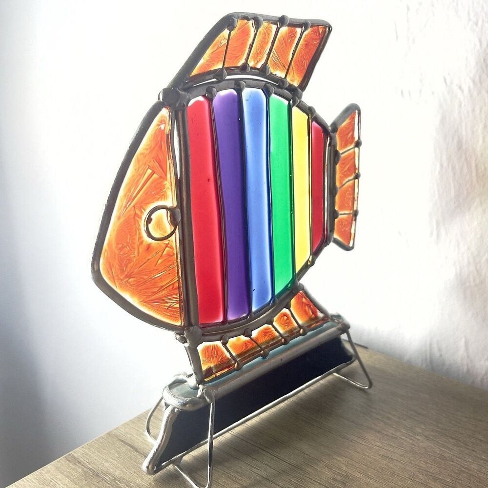 Vtg Stained Painted Glass Rainbow Fish Standing Light Diffuser Tropical Colors - Picture 3 of 4